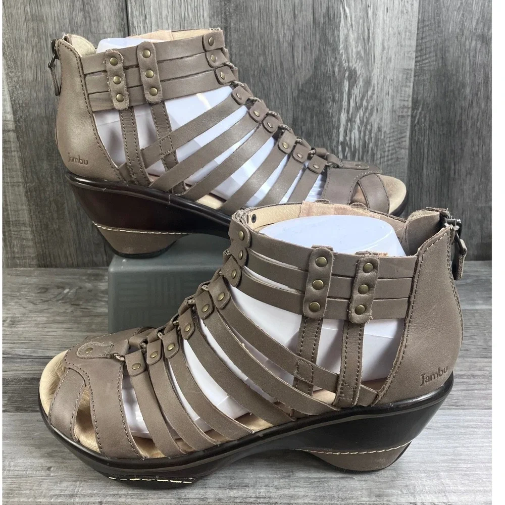 Jambu Sugar Women 8M Taupe Leather Strappy Gladiator Wedge Sandals WJ12SUG50